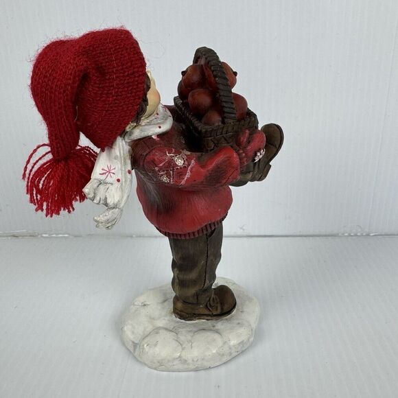 Vintage Boy Carrying Apple Basket Rare Statue Winter Hat Scarf Red Figurine - Picture 4 of 12